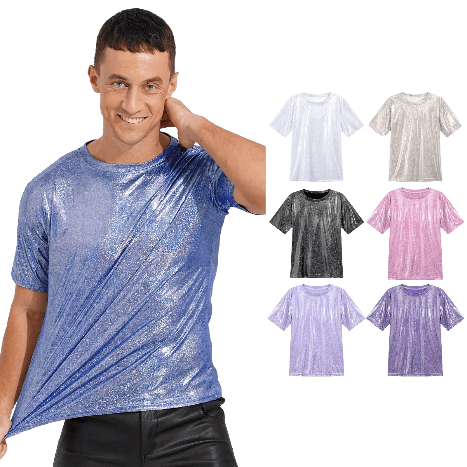 Mens Shiny Top Short Sleeve T-shirt for Rave Party Club