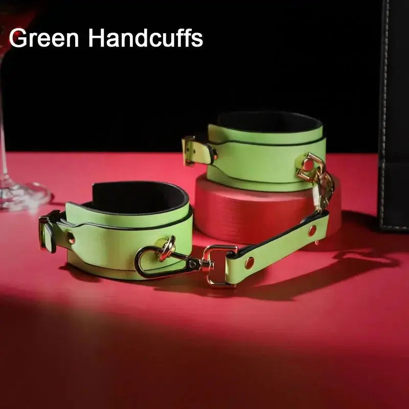 Fluorescence Leather Bdsm Handcuffs Ankle Cuff Hang Buckle Link Bondage Gear Sex Toy for Woman Slave Bdsm Restraints Adult Toys - WOWihte