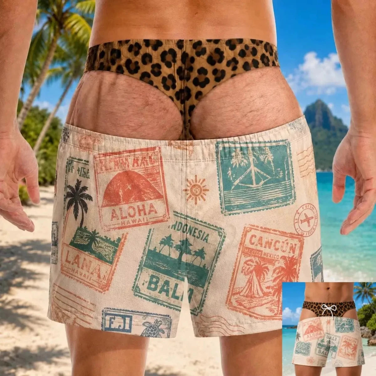 Funny Men Swim Trunks Personalized Hairy Butt Print Beach Shorts, Bathing Suit, Bachelor Party Short, Big Booty Gag Gift for Him - WOWihte