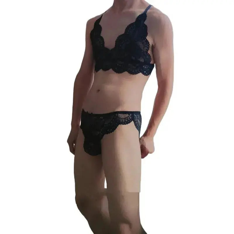 Lace Lingerie Set for Men Sissy Bikini Crossdressing Bra Tops Sexy Panty Full Lace Underwear Set Gay Femboy Nightwear 2 Piece - WOWihte