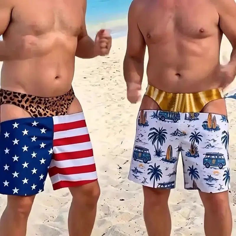 Men Funny Fake Two Piece Boardshorts Optical Illusion Thong Print Beach Shorts Novelty Hilarious Swim Trunks for Summer Holiday - WOWihte