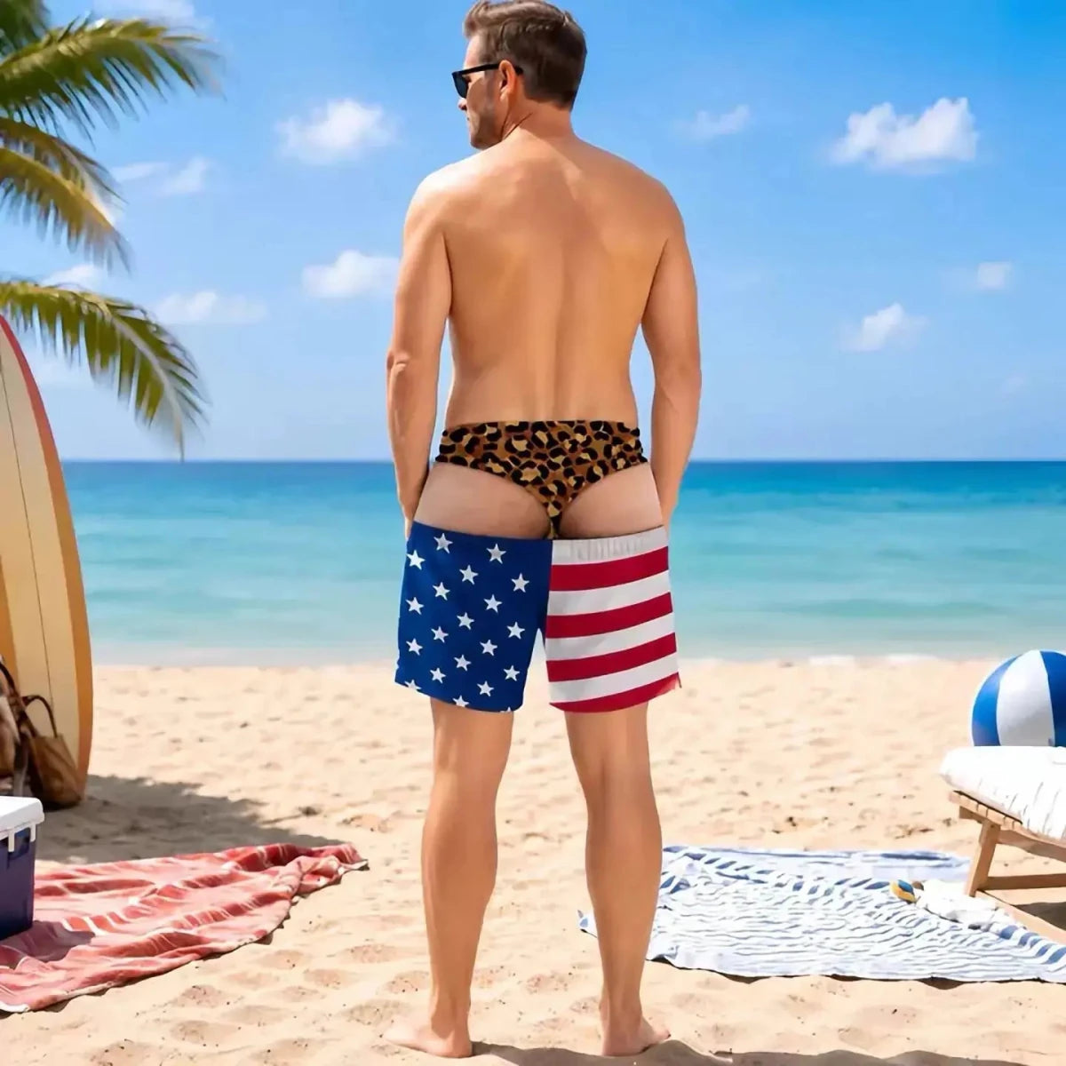 Men Funny Fake Two Piece Boardshorts Optical Illusion Thong Print Beach Shorts Novelty Hilarious Swim Trunks for Summer Holiday - WOWihte