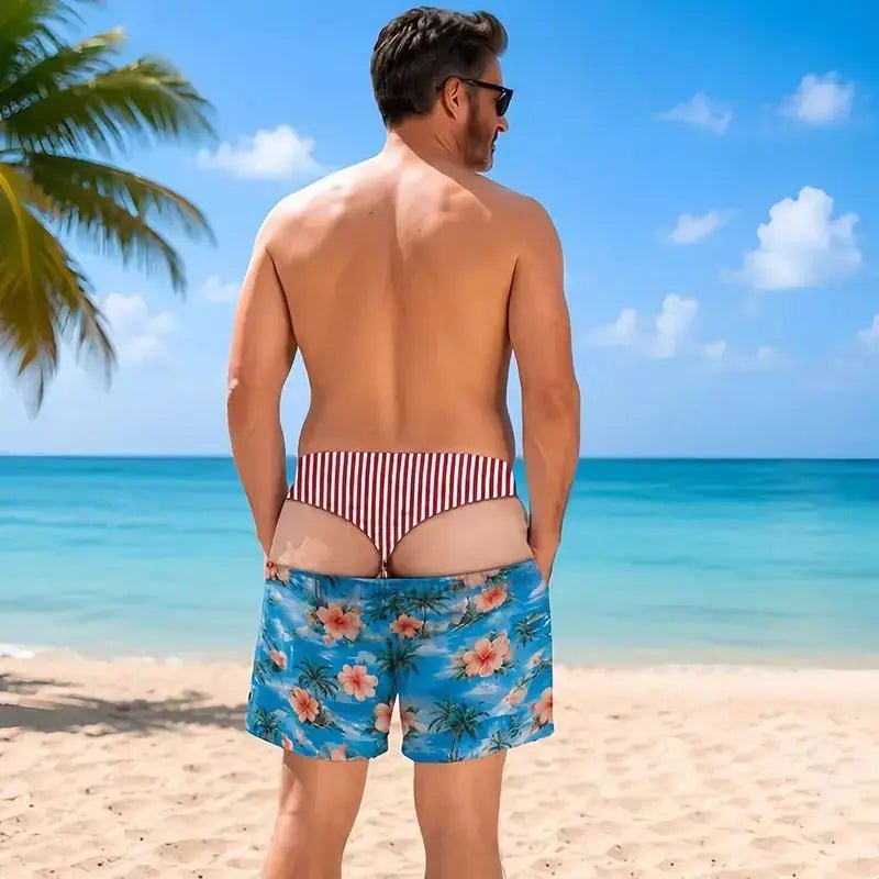 Men Funny Fake Two Piece Boardshorts Optical Illusion Thong Print Beach Shorts Novelty Hilarious Swim Trunks for Summer Holiday - WOWihte