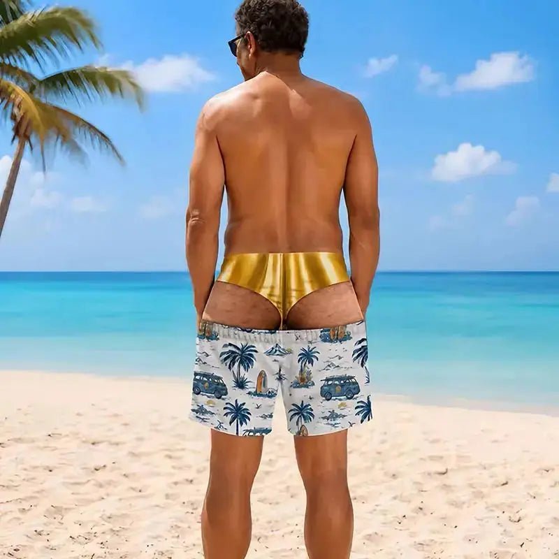 Men Funny Fake Two Piece Boardshorts Optical Illusion Thong Print Beach Shorts Novelty Hilarious Swim Trunks for Summer Holiday - WOWihte