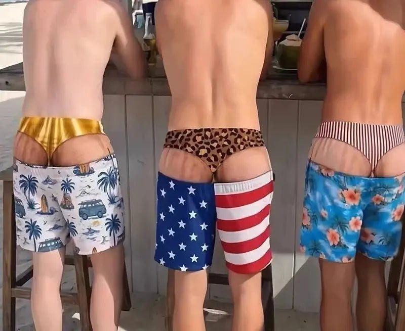 Men Funny Fake Two Piece Boardshorts Optical Illusion Thong Print Beach Shorts Novelty Hilarious Swim Trunks for Summer Holiday - WOWihte