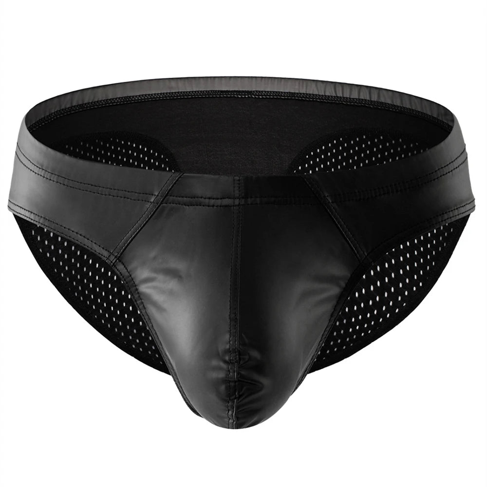 Men's Faux Leather Mesh Breathable Briefs Underpants - WOWihte