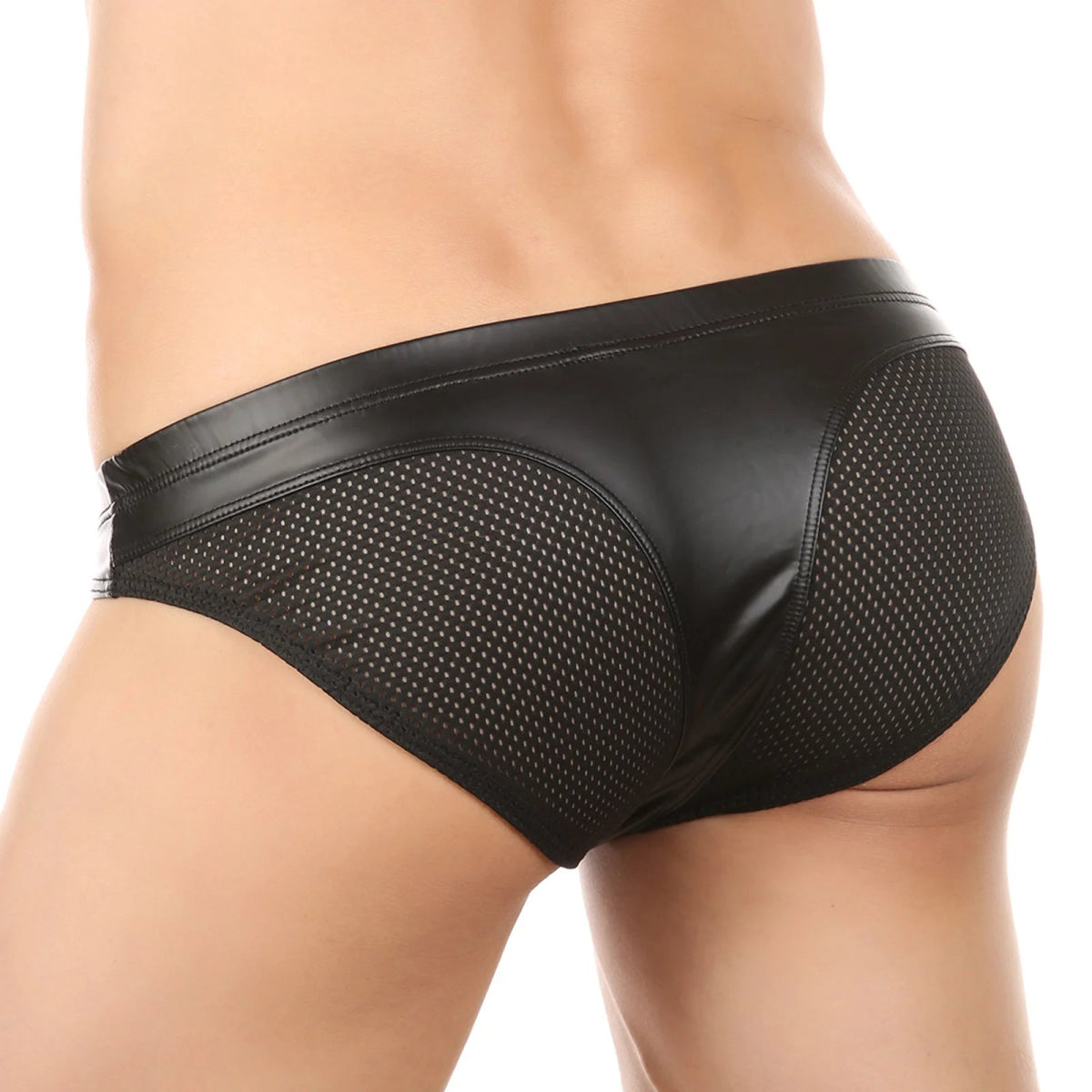 Men's Faux Leather Mesh Breathable Briefs Underpants - WOWihte