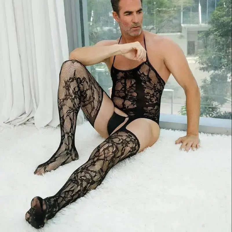 Men's Fishnet Lace Body Stocking - WOWihte