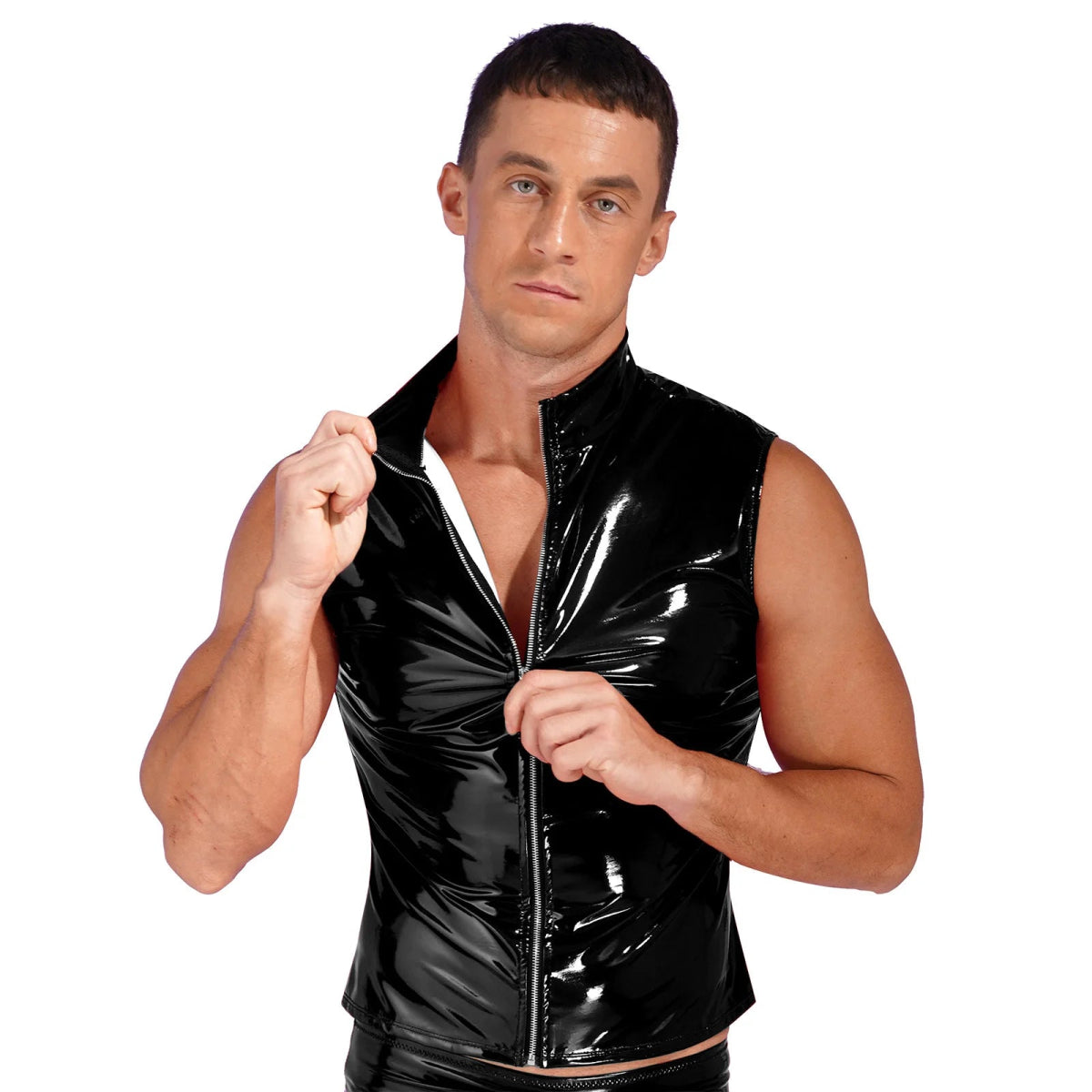 Men's Glossy Patent Leather Vest Top - WOWihte
