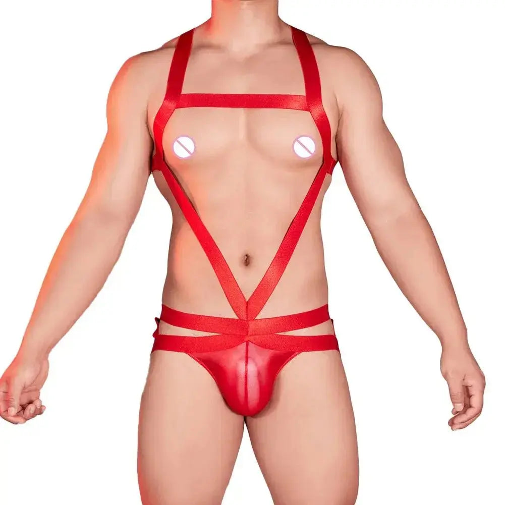 Mens Sexy Oil Shiny Hollowed Out Halter Neck Bodysuit Body Chest Harness Jumpsuits Underpants SM Erotic Smooth Male Bodysuits - WOWihte