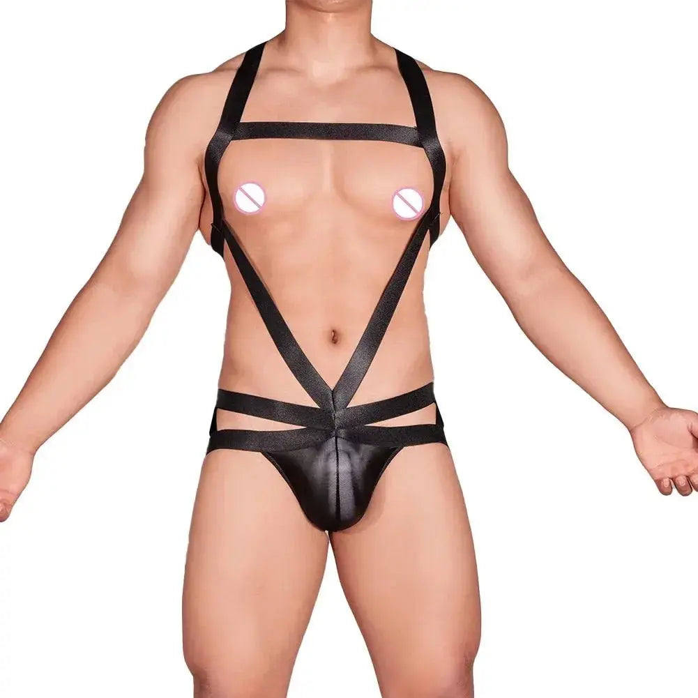 Mens Sexy Oil Shiny Hollowed Out Halter Neck Bodysuit Body Chest Harness Jumpsuits Underpants SM Erotic Smooth Male Bodysuits - WOWihte