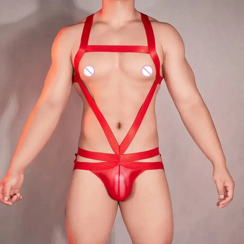 Mens Sexy Oil Shiny Hollowed Out Halter Neck Bodysuit Body Chest Harness Jumpsuits Underpants SM Erotic Smooth Male Bodysuits - WOWihte