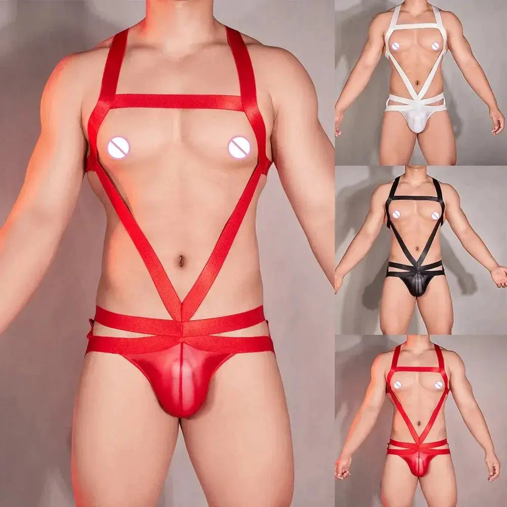 Mens Sexy Oil Shiny Hollowed Out Halter Neck Bodysuit Body Chest Harness Jumpsuits Underpants SM Erotic Smooth Male Bodysuits - WOWihte