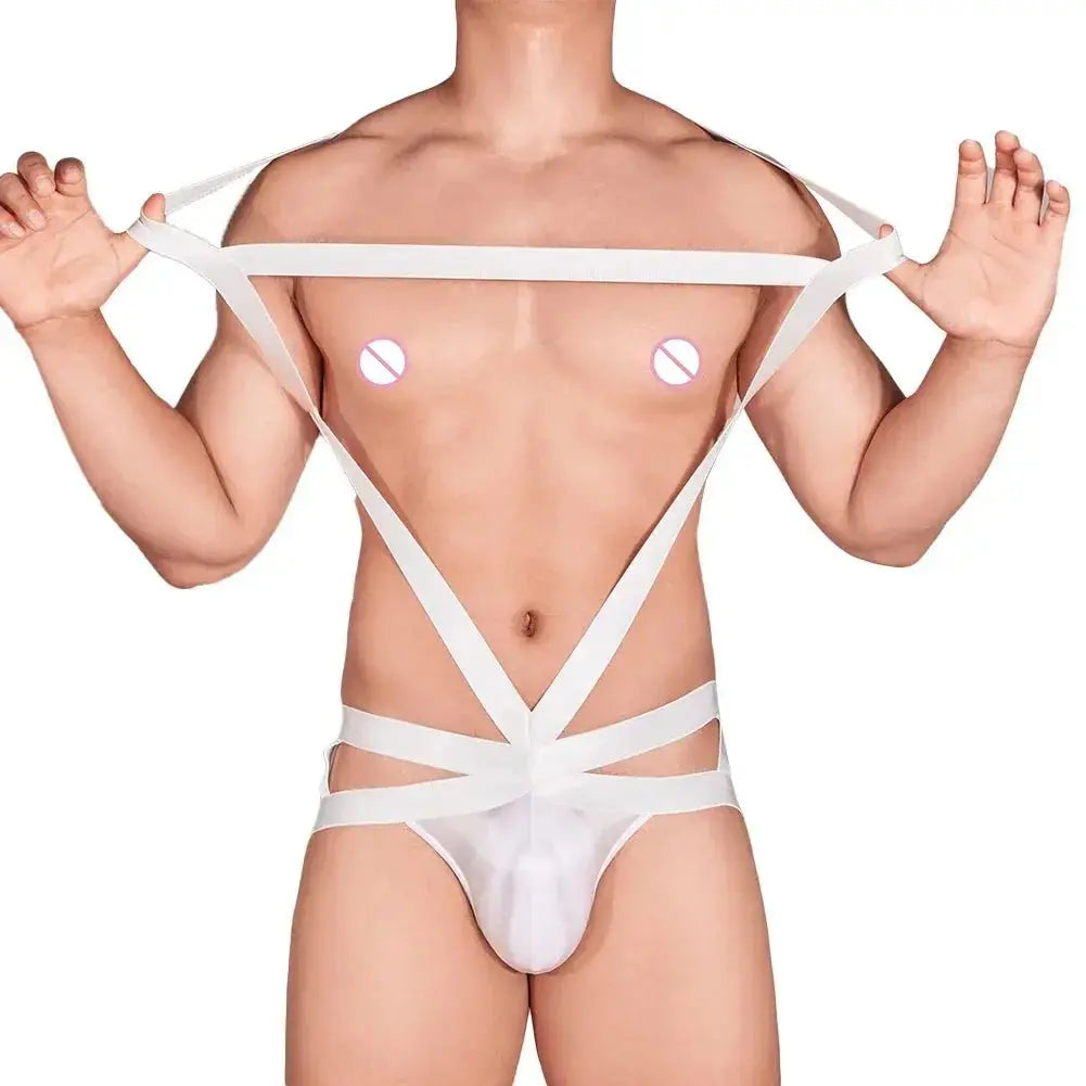 Mens Sexy Oil Shiny Hollowed Out Halter Neck Bodysuit Body Chest Harness Jumpsuits Underpants SM Erotic Smooth Male Bodysuits - WOWihte