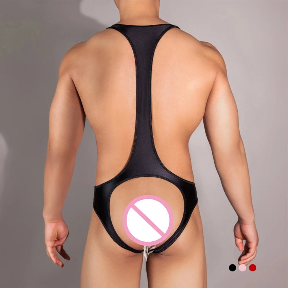 Mens Shiny Bodysuit Swimwear Jumpsuit - WOWihte