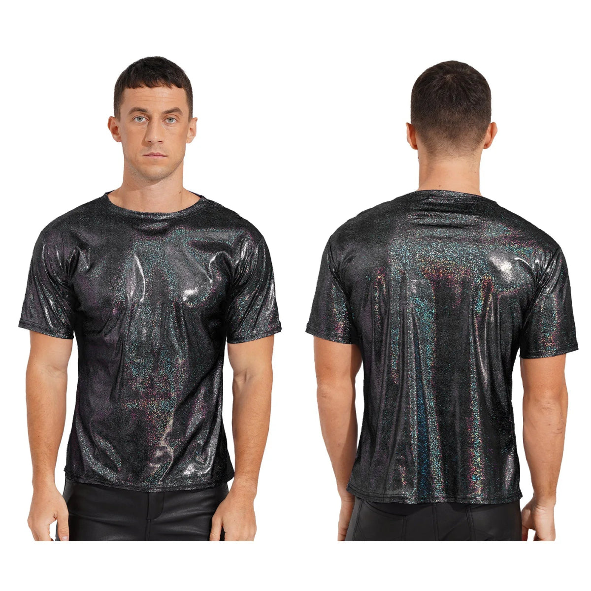 Mens Shiny Top Short Sleeve T-shirt for Rave Party Club - WOWihte