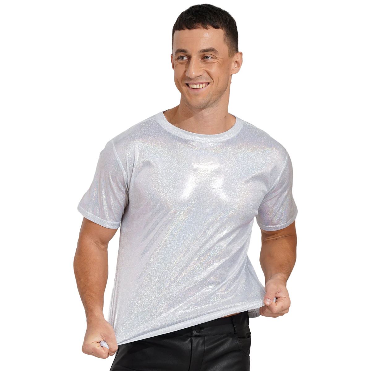 Mens Shiny Top Short Sleeve T-shirt for Rave Party Club - WOWihte
