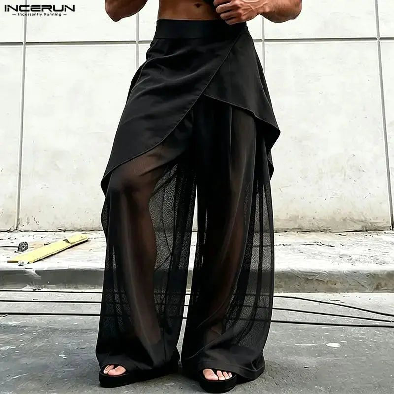 Mesh Patchwork Wide Leg Pants - WOWihte