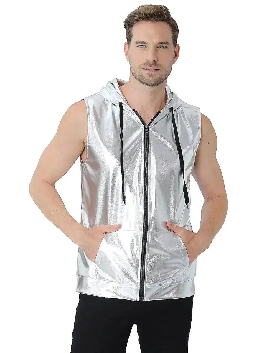 Metallic Hooded Disco Vest - WOWihte