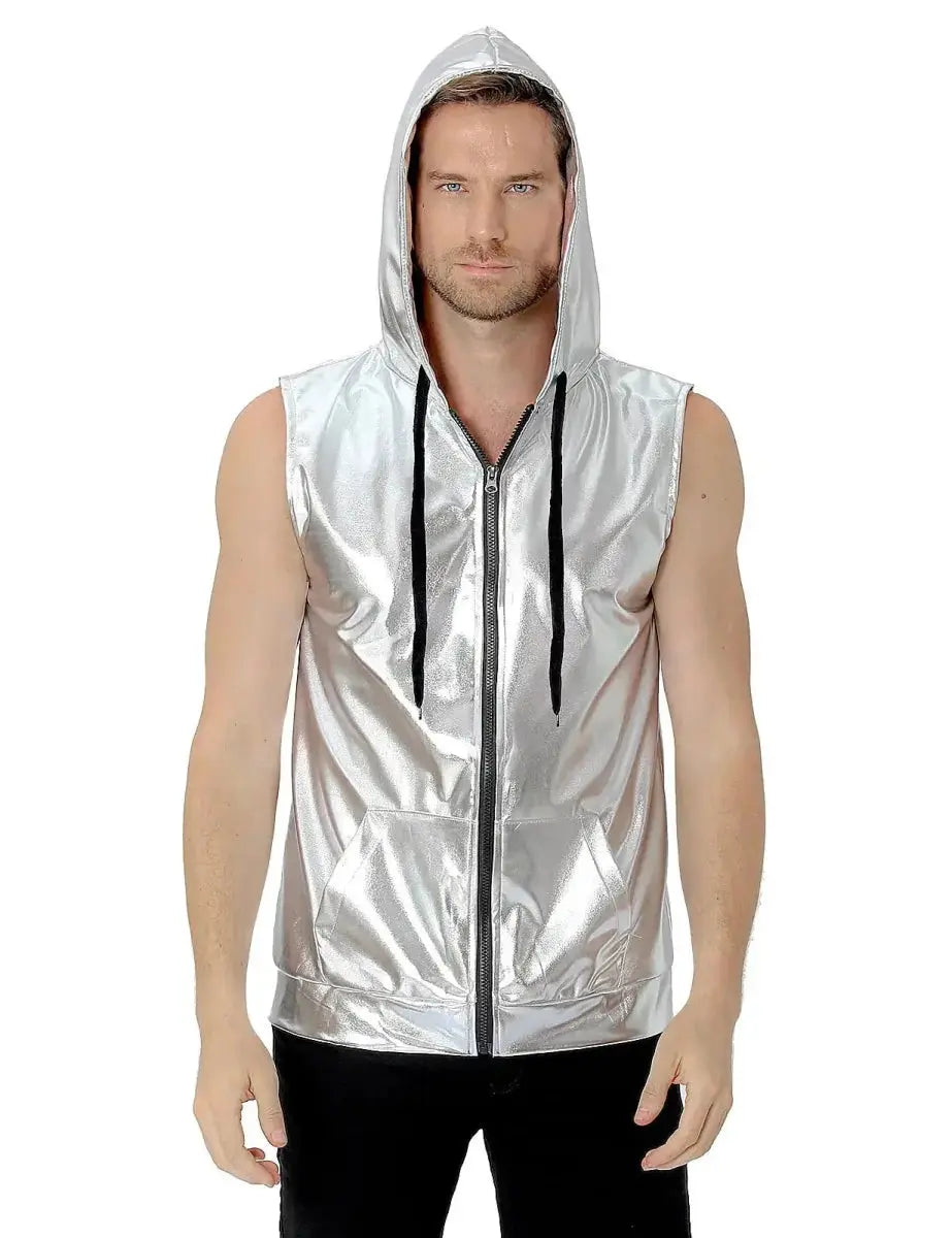 Metallic Hooded Disco Vest - WOWihte