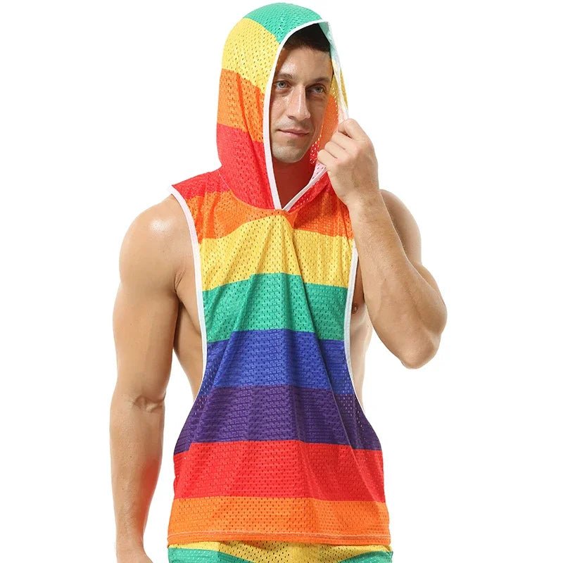 Rainbow Mesh Singlet Hoodie Tank - WOWihte