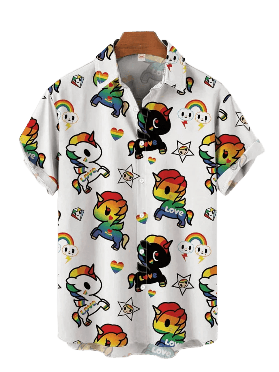 Rainbow Pony Print Men's Short Sleeve Shirt - WOWihte