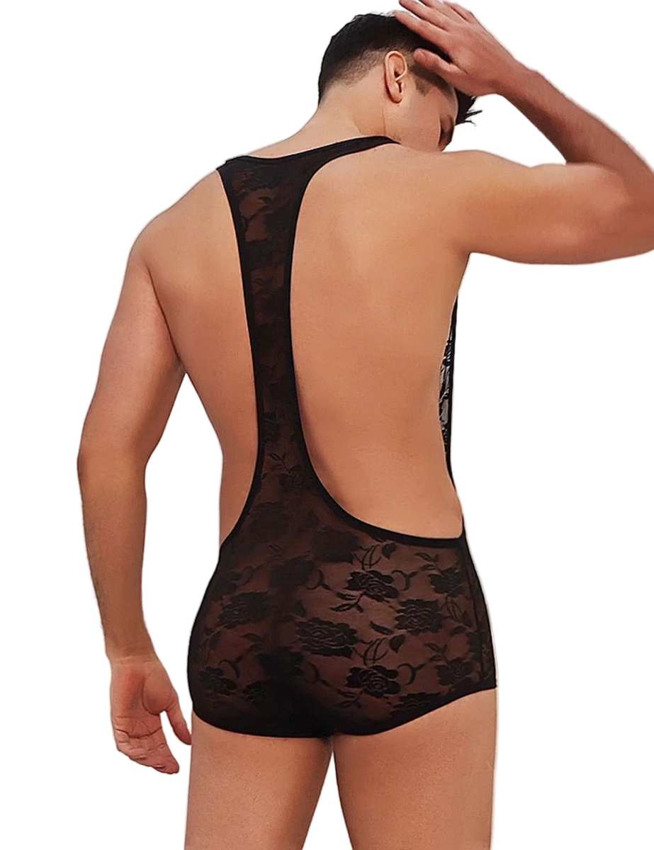 Sexy Men's Lace Bodysuit Jumpsuit - WOWihte