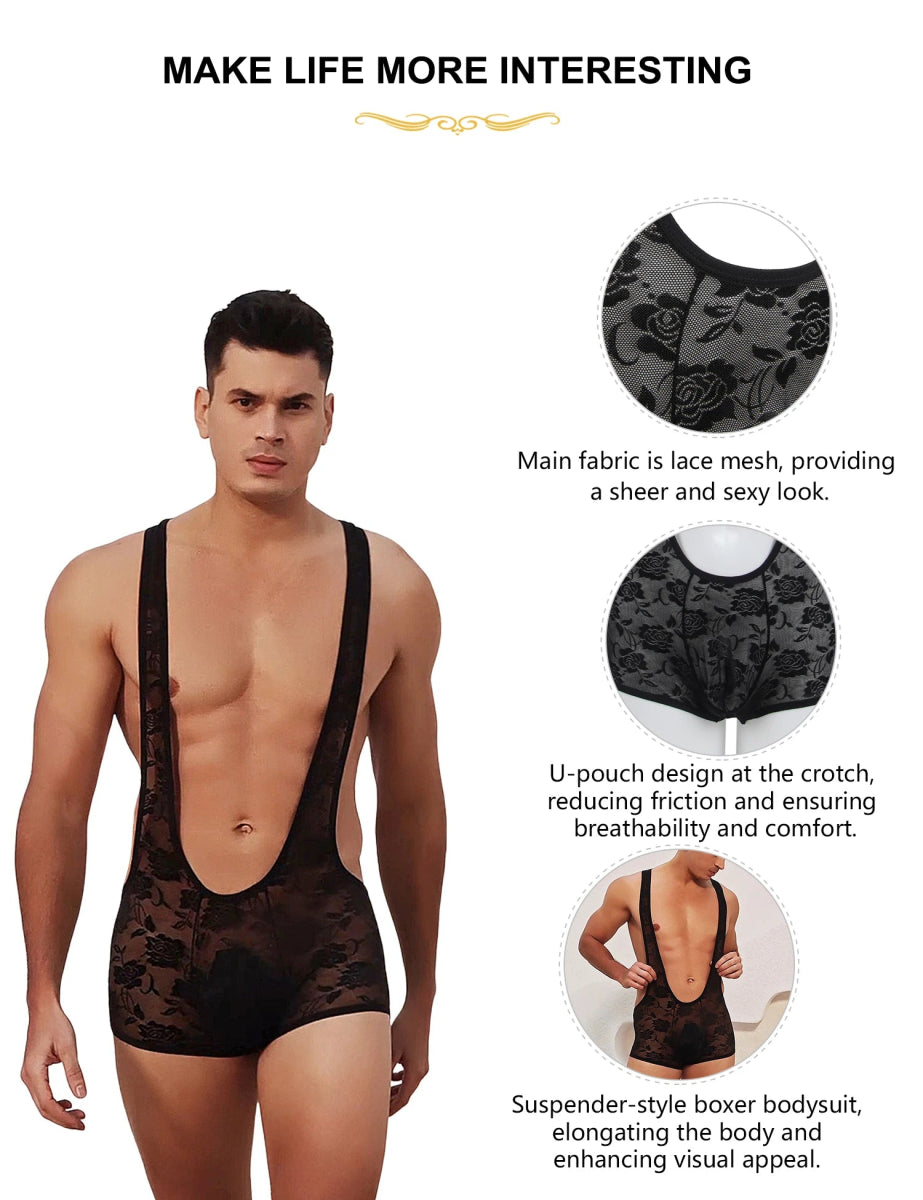 Sexy Men's Lace Bodysuit Jumpsuit - WOWihte