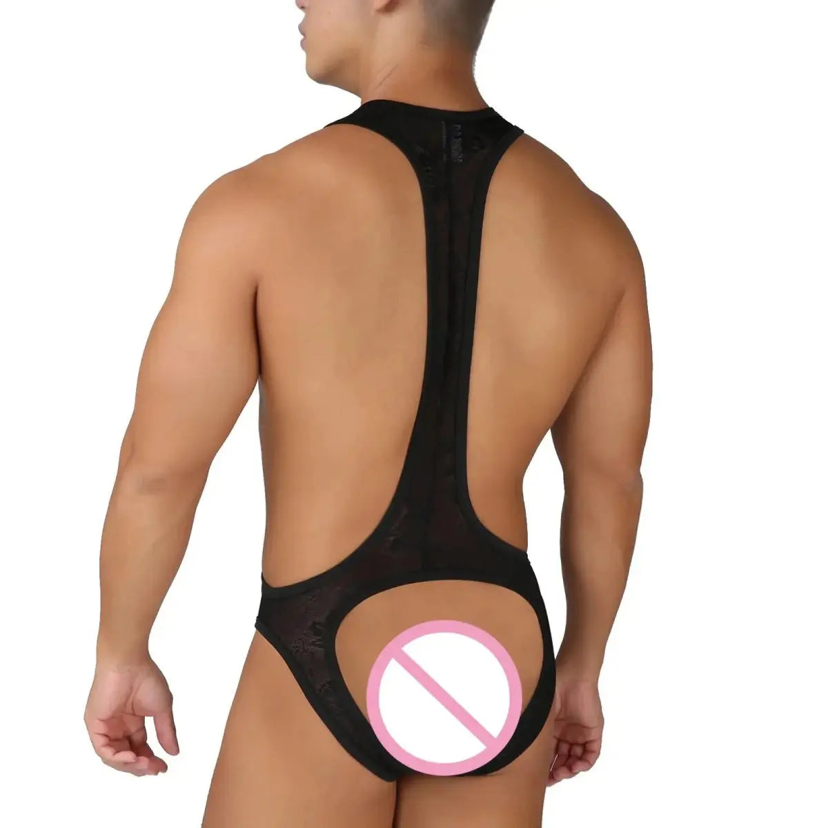 Sheer Lace Bodysuit Men Erotic Lingerie Penis Pouch Sexy Jockstrap Open Butt Anal Crossdressing Nightwear One - piece Underwear - WOWihte