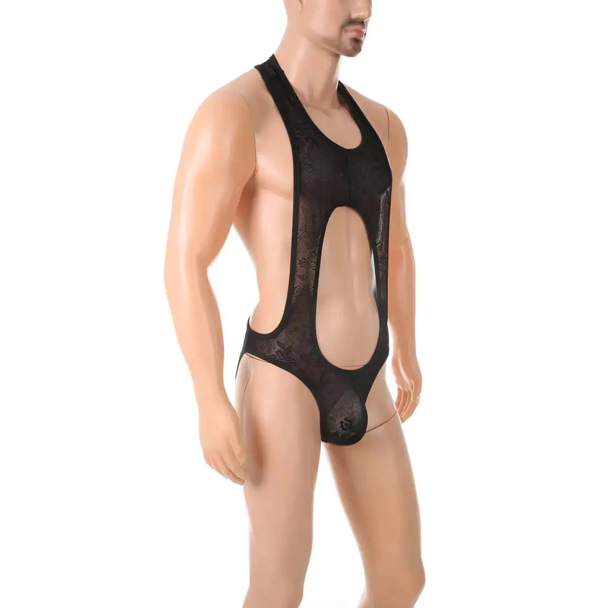 Sheer Lace Bodysuit Men Erotic Lingerie Penis Pouch Sexy Jockstrap Open Butt Anal Crossdressing Nightwear One - piece Underwear - WOWihte