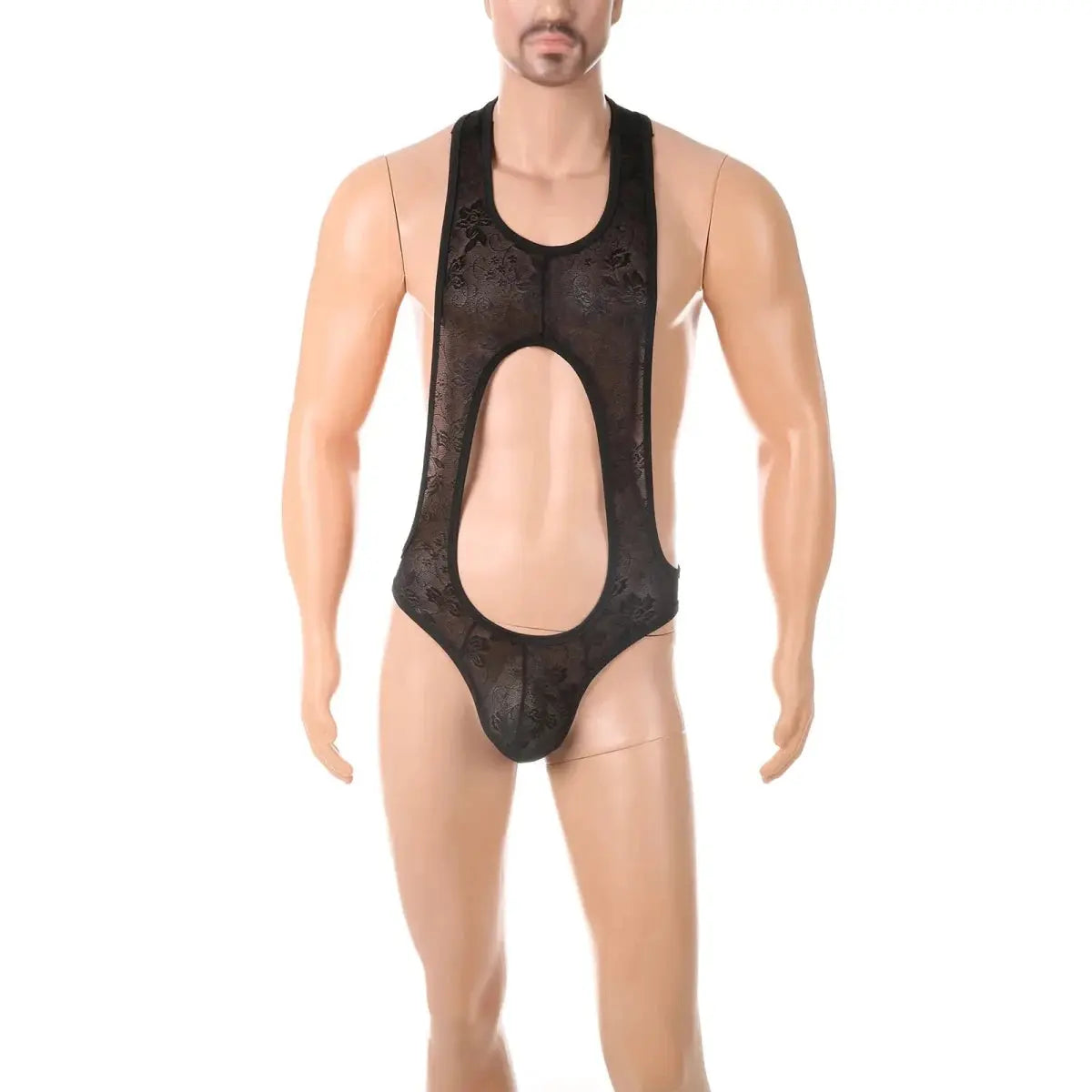 Sheer Lace Bodysuit Men Erotic Lingerie Penis Pouch Sexy Jockstrap Open Butt Anal Crossdressing Nightwear One - piece Underwear - WOWihte