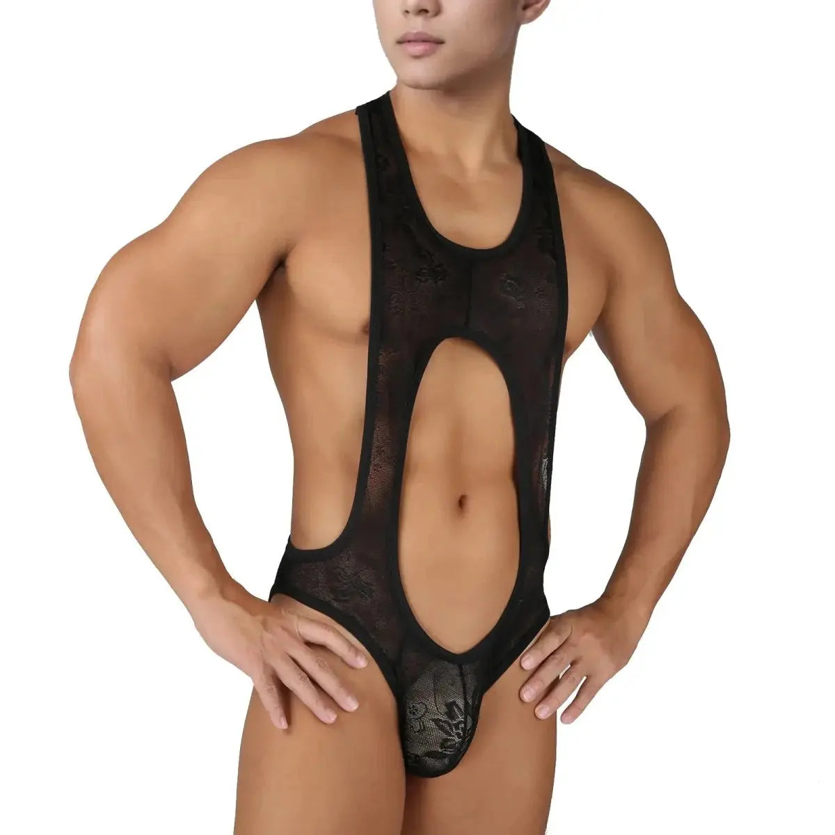 Sheer Lace Bodysuit Men Erotic Lingerie Penis Pouch Sexy Jockstrap Open Butt Anal Crossdressing Nightwear One - piece Underwear - WOWihte