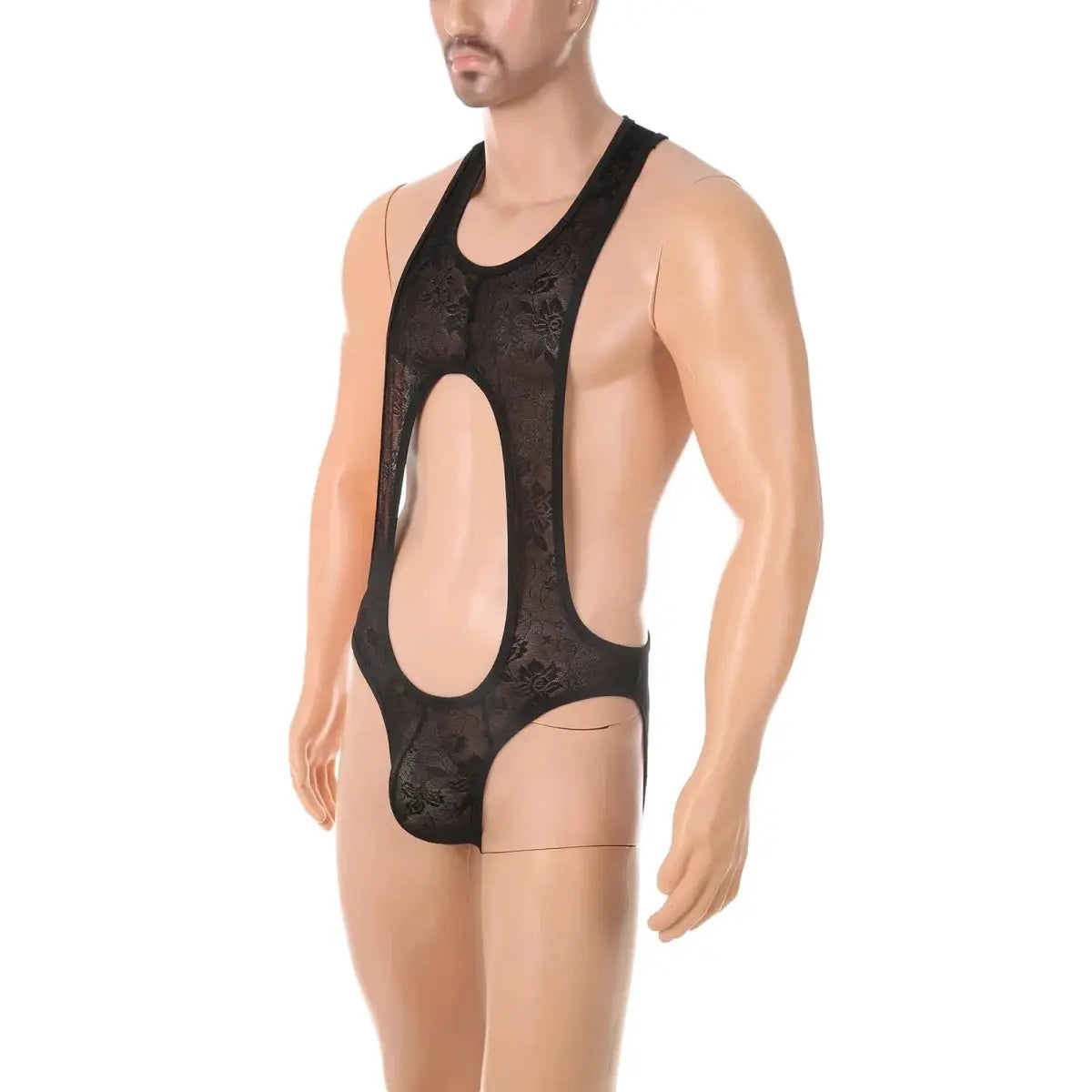 Sheer Lace Bodysuit Men Erotic Lingerie Penis Pouch Sexy Jockstrap Open Butt Anal Crossdressing Nightwear One - piece Underwear - WOWihte