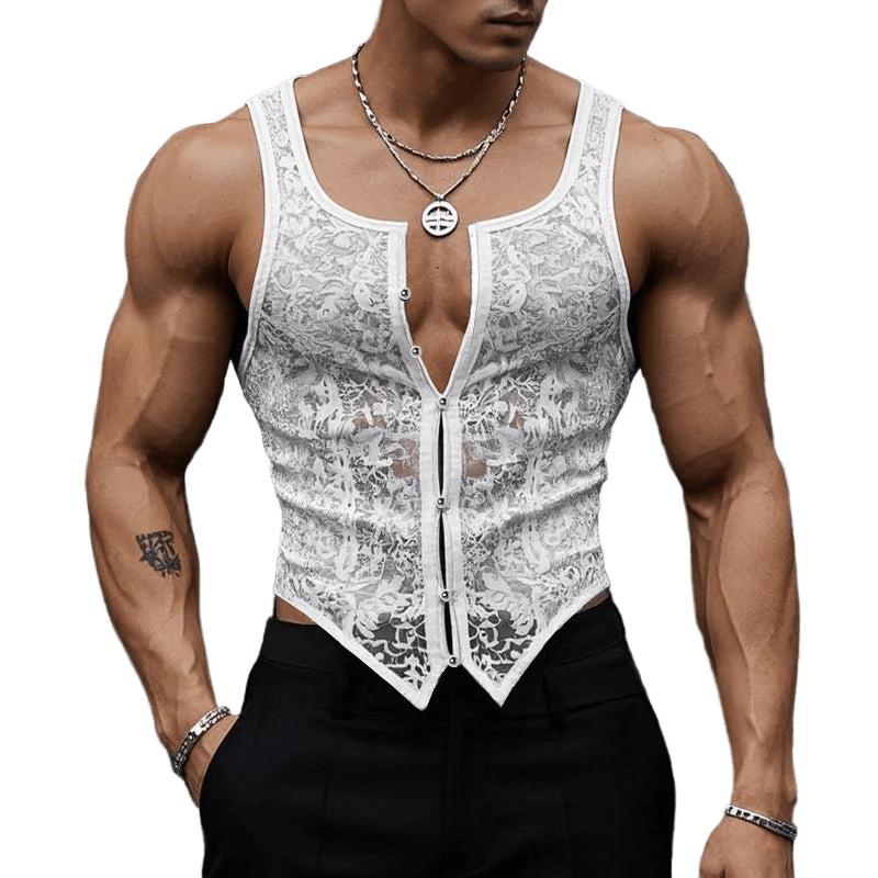 Sheer Lace Men's V - Neck Tank - WOWihte