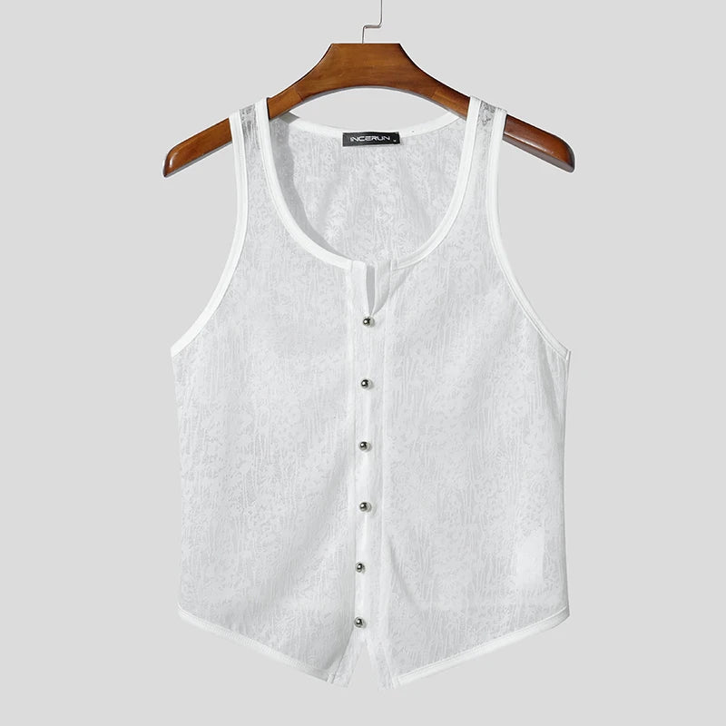Sheer Lace Men's V - Neck Tank - WOWihte