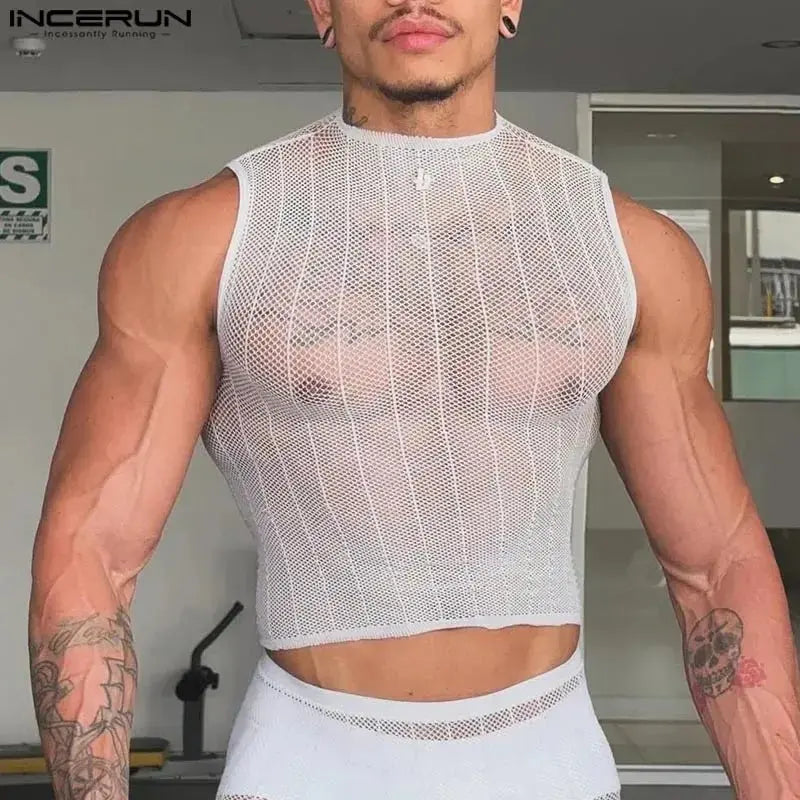 Striped Mesh See - Through Tank Top - WOWihte