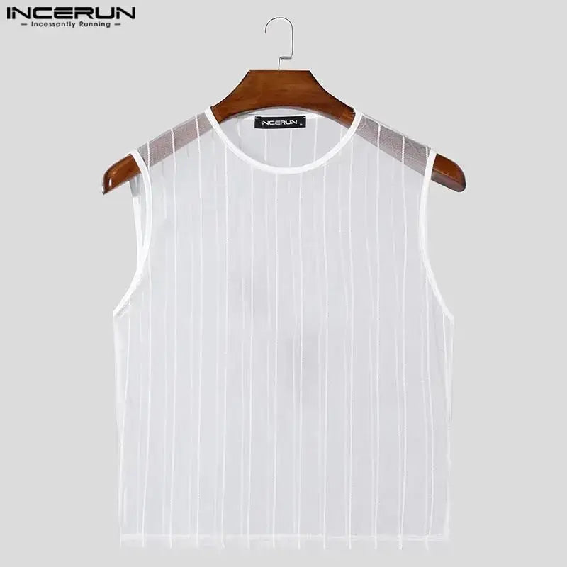 Striped Mesh See - Through Tank Top - WOWihte
