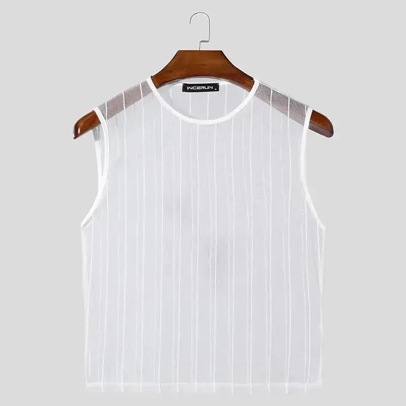 Striped Mesh See - Through Tank Top - WOWihte