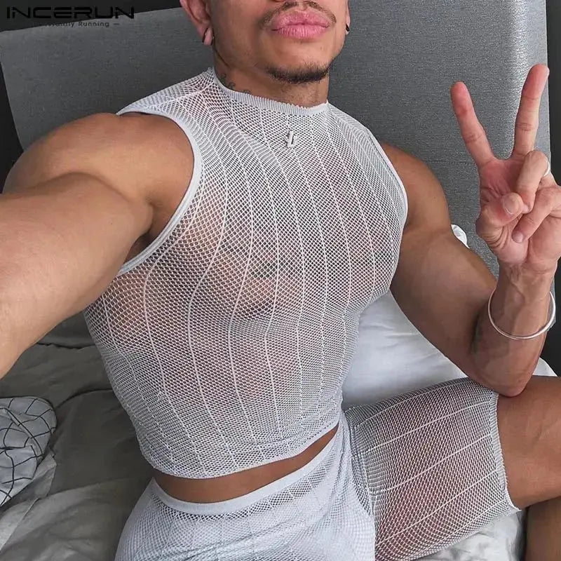 Striped Mesh See - Through Tank Top - WOWihte