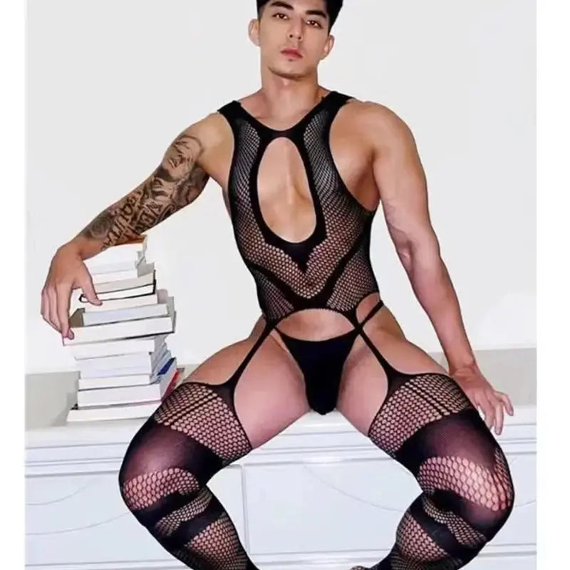 Summer Sex Men Bodysuit Crotchless Bodystocking Exotic Perspective Hollow Out Sleeveless Deep V Backless Jumpsuit Erotic Costume - WOWihte