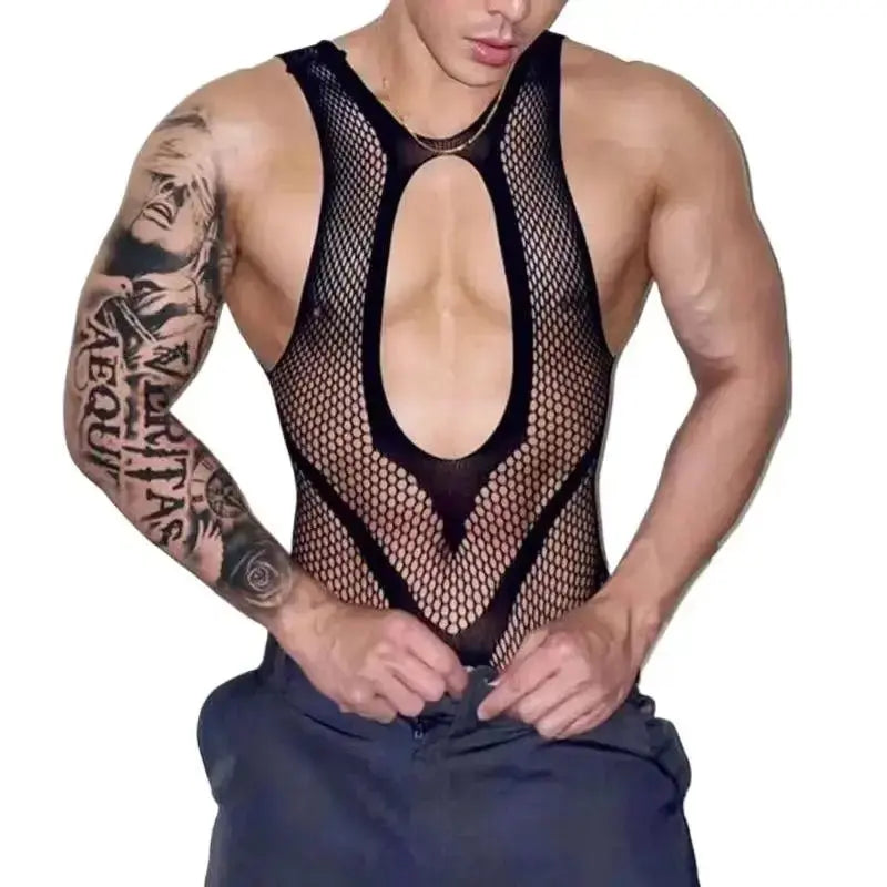 Summer Sex Men Bodysuit Crotchless Bodystocking Exotic Perspective Hollow Out Sleeveless Deep V Backless Jumpsuit Erotic Costume - WOWihte
