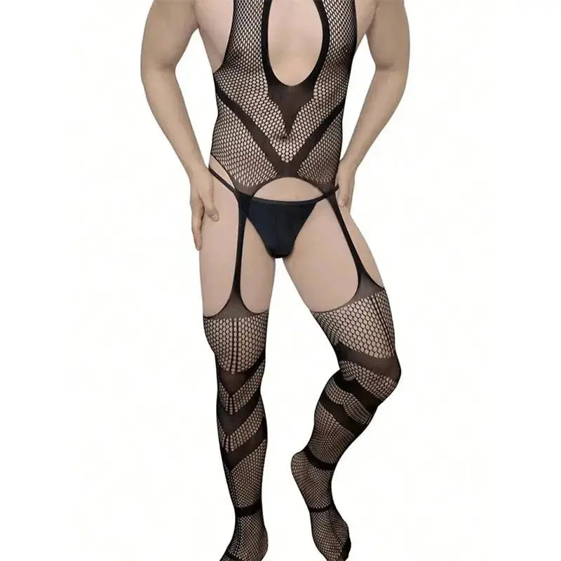 Summer Sex Men Bodysuit Crotchless Bodystocking Exotic Perspective Hollow Out Sleeveless Deep V Backless Jumpsuit Erotic Costume - WOWihte