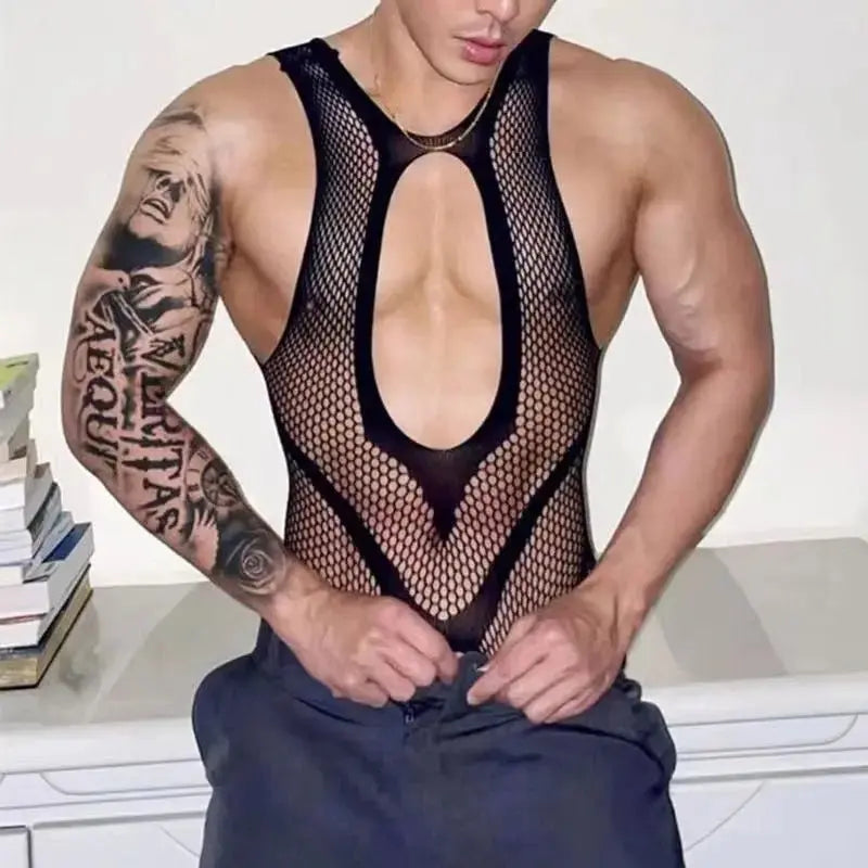 Summer Sex Men Bodysuit Crotchless Bodystocking Exotic Perspective Hollow Out Sleeveless Deep V Backless Jumpsuit Erotic Costume - WOWihte