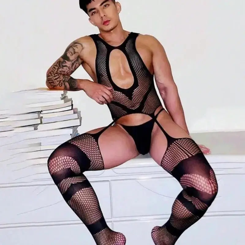Summer Sex Men Bodysuit Crotchless Bodystocking Exotic Perspective Hollow Out Sleeveless Deep V Backless Jumpsuit Erotic Costume - WOWihte