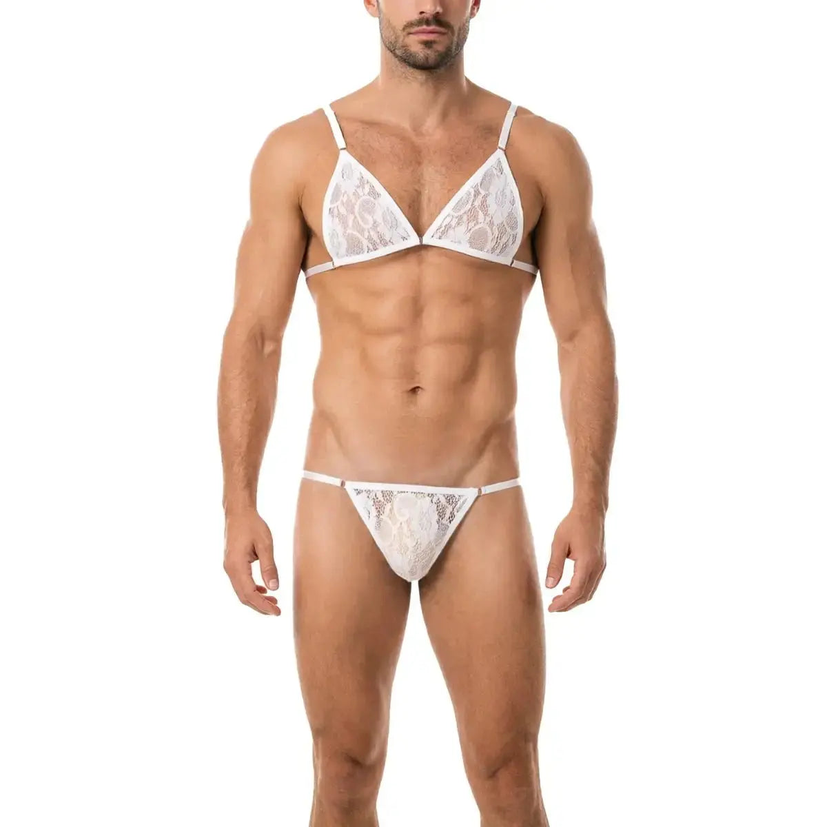 V - Neck Lace Lingerie Set - WOWihte